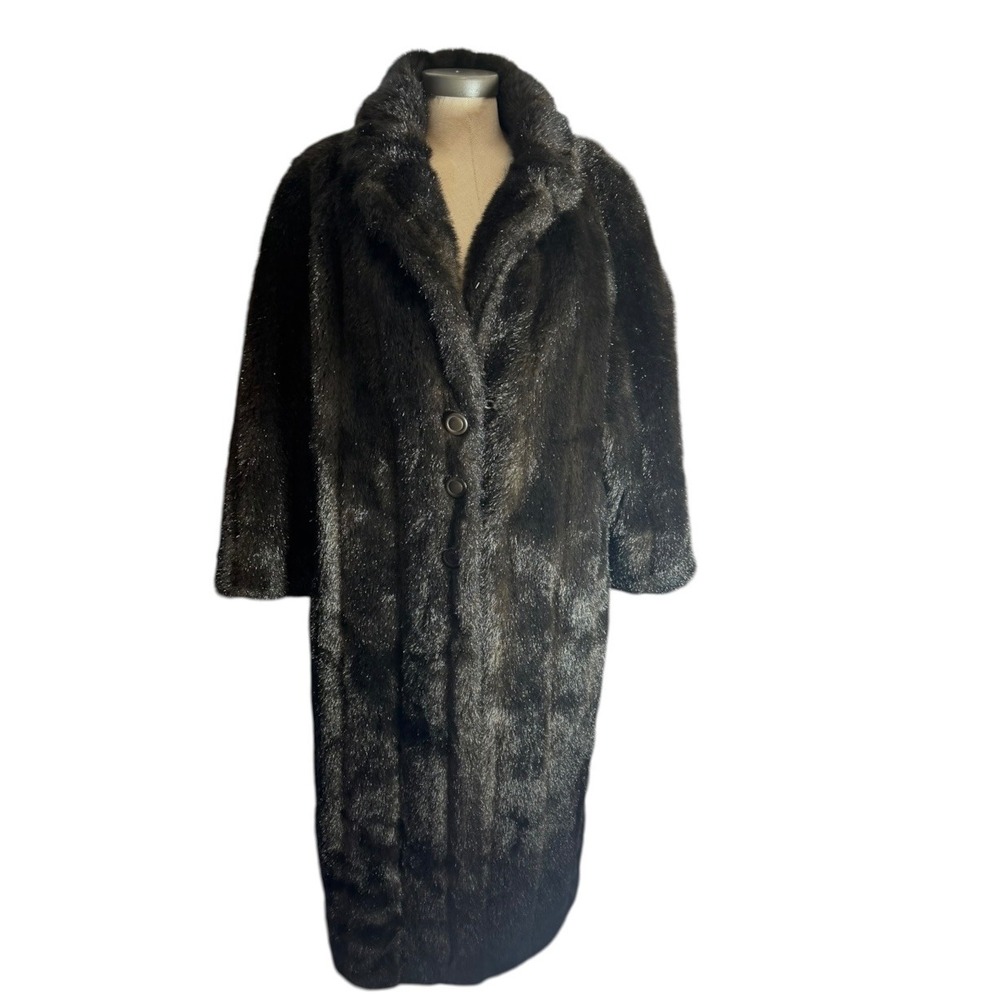 Vintage Faux Fur Longline Coat Dark Brown Notched Lapel Glamour Outerwear